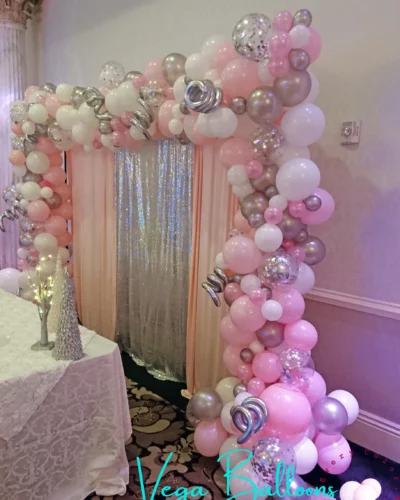 Pink-Silver arch with Confetti and Backdrop Curtain