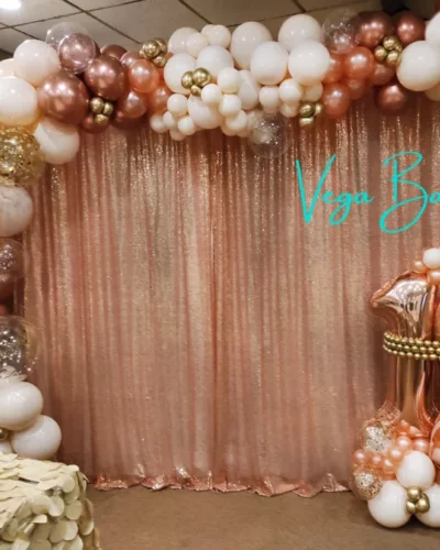 Sequin Curtain Backdrop with Organic Arch, Rosegold 8 ft x 10 ft